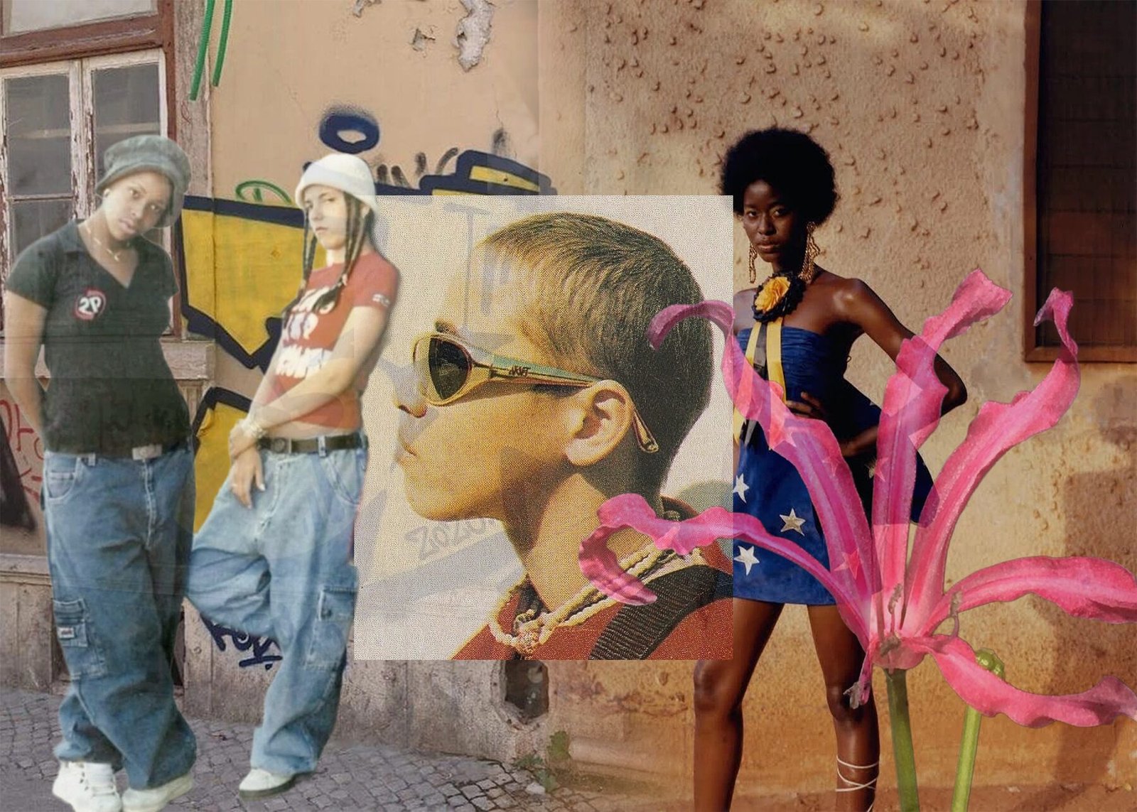 Mood board for Pinta & Sazón: 90s Caribbean street fashion collage with oversized shirts and baggy denim.