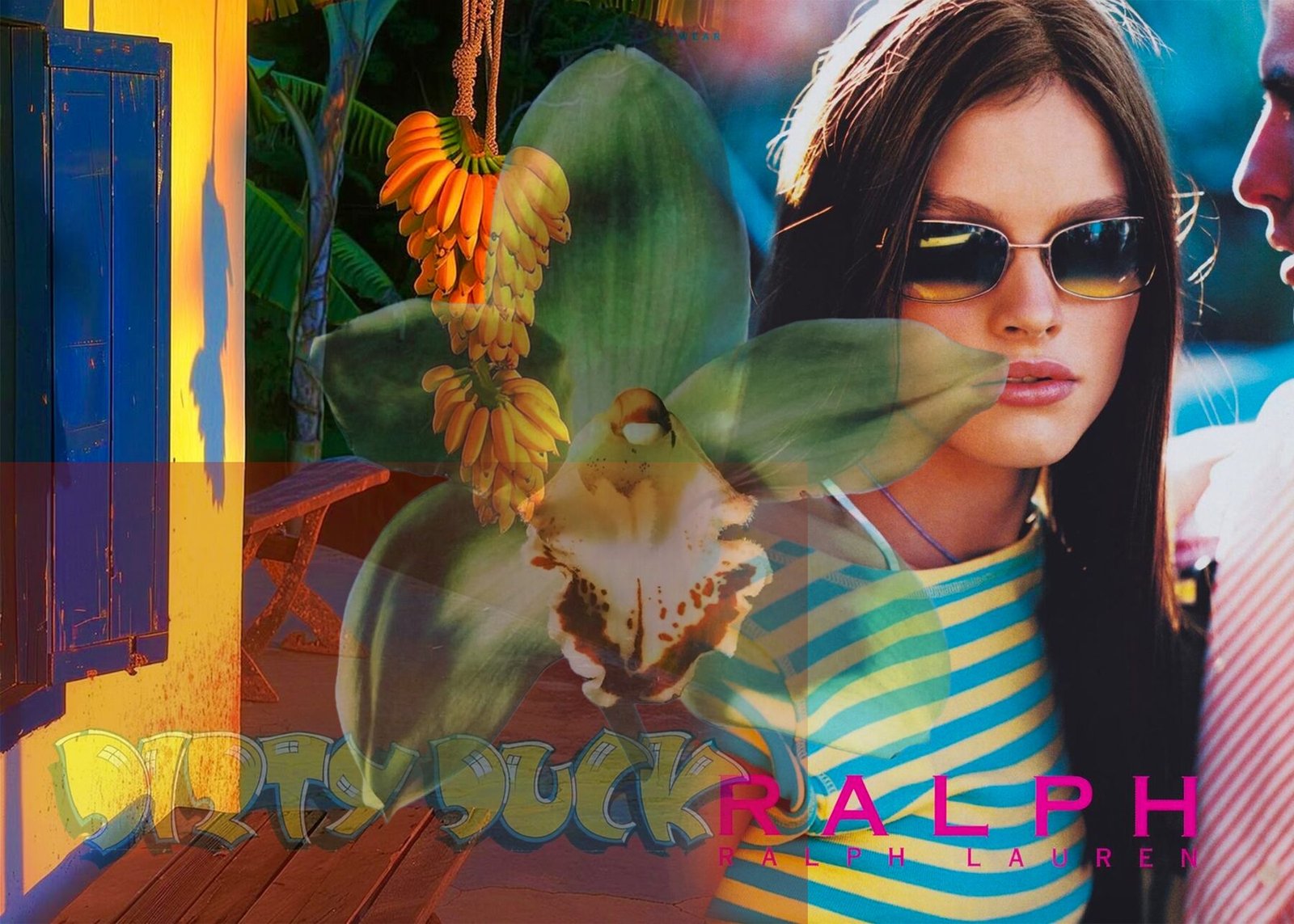 Mood board Pinta & Sazón: tropical 90s editorial collage with striped knitwear, sunglasses and orchids.