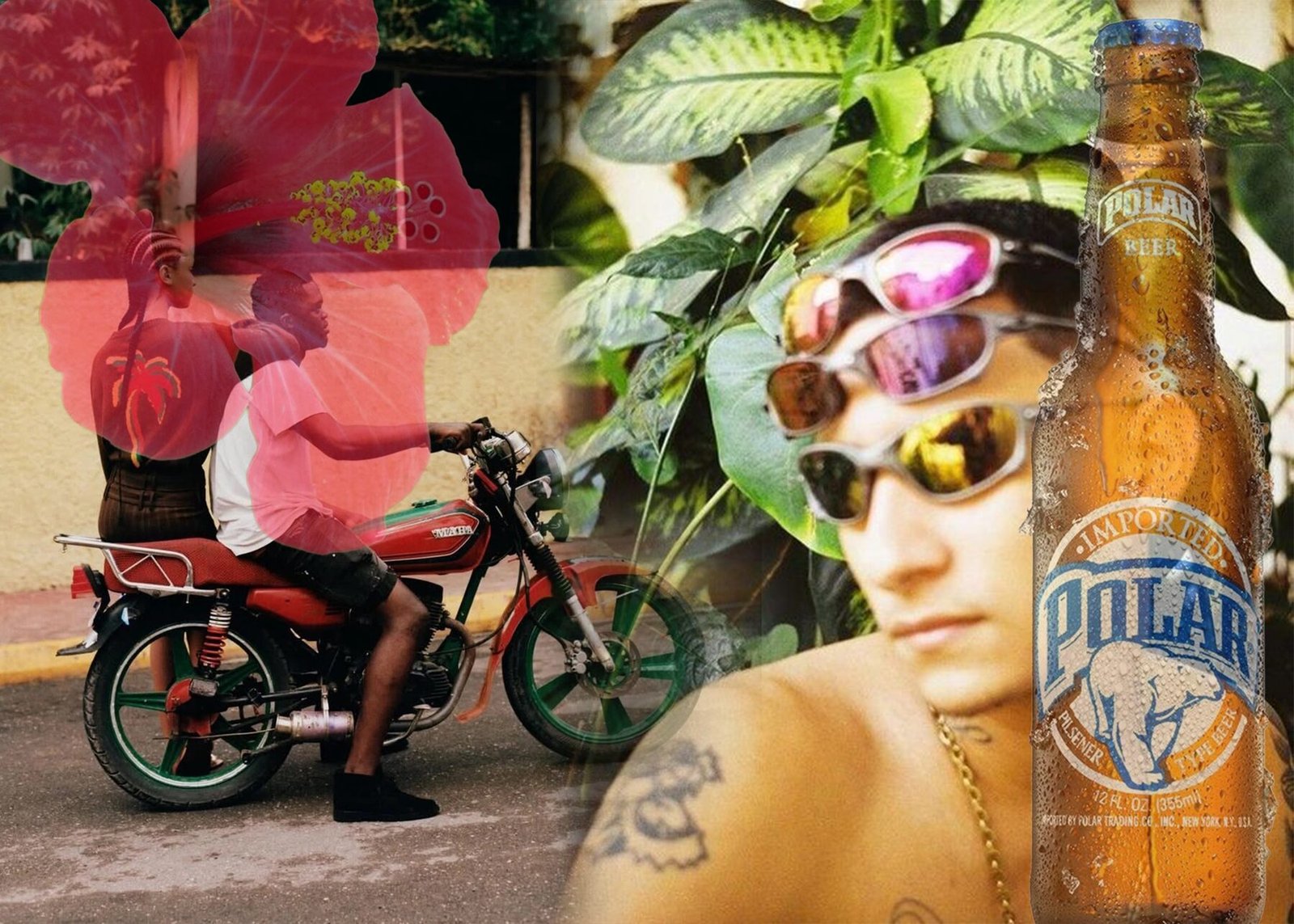 Mood board for Roots & Street: Caribbean block life collage with a motorbike, hibiscus, gold chains and a cold beer.
