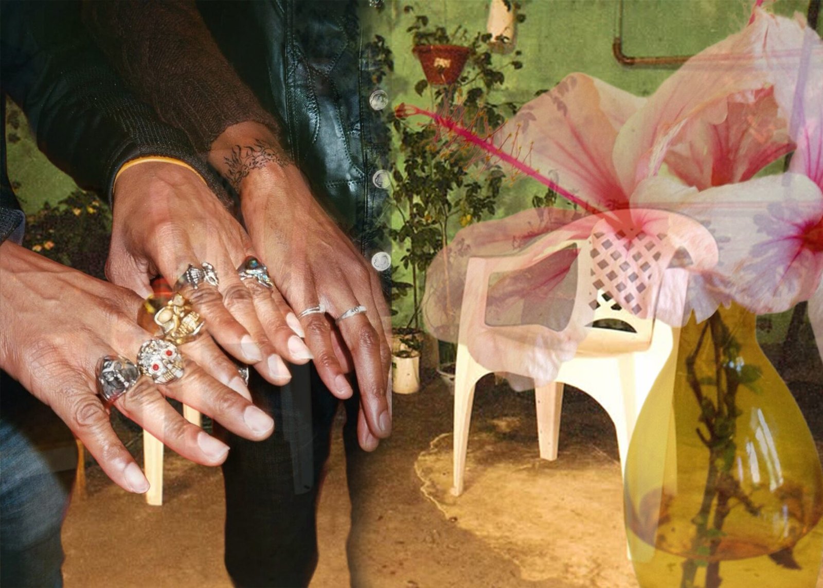 Mood board Roots & Street: hands with signet rings over a patio with plastic chairs and hibiscus.