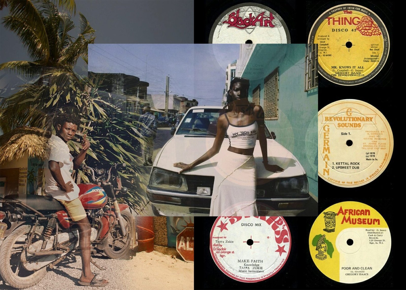 Mood board for Vinyl: vintage Caribbean record labels layered over street and beach photography.